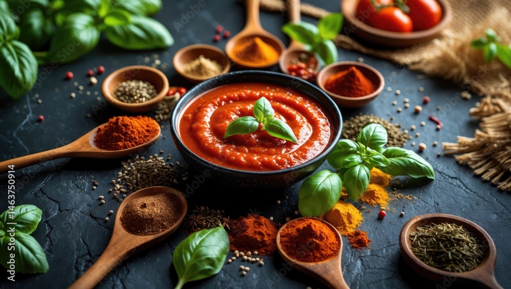 Herbal tomato-based condiment with spices on a rustic kitchen surface
