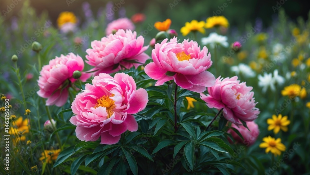 Beautiful floral scene featuring blooming flowers and fresh leaves