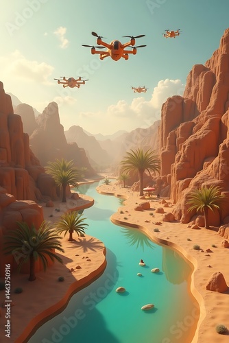 A desert city with sand-resistant drones and holographic oasis projections