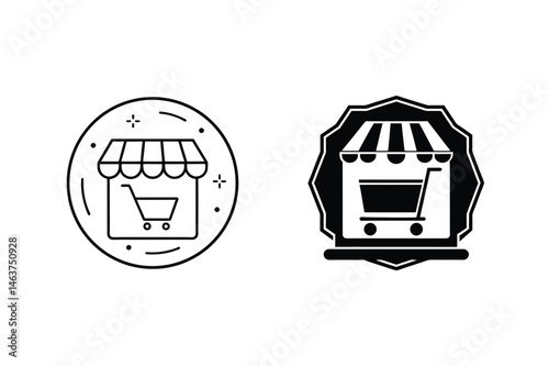 Two vector illustrations of shop icons displaying an online store cart symbol in black color