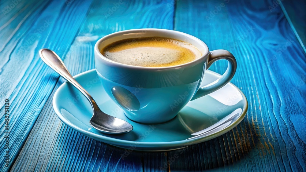 Fototapeta premium White Coffee Cup Blue Plate Spoon Still Life Photography - Cozy Morning Drink Image