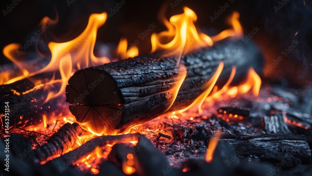 Fiery Yule log igniting in the cozy winter hearth