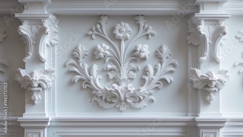 Vintage-style white wall decor with floral plaster sculptures and ornate relief details