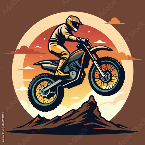 Vintage Motocross Rider Jumping Mountain Sunset Retro Poster Art