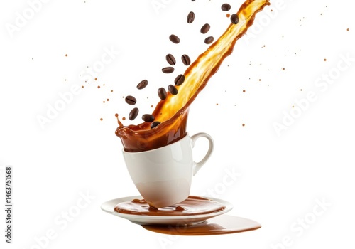 Cup of espresso splash with falling beans on a bright background