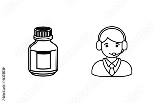 Customer support and medication symbols in a black and white minimalist illustration suitable for design.