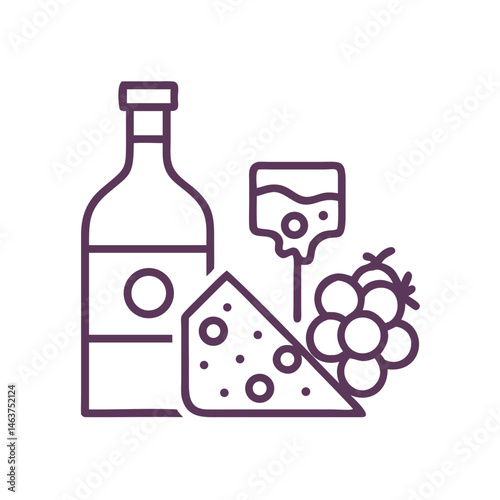 Wine Bottle, Cheese, and Grapes Icon Representing Wine Culture and Gourmet Pairing