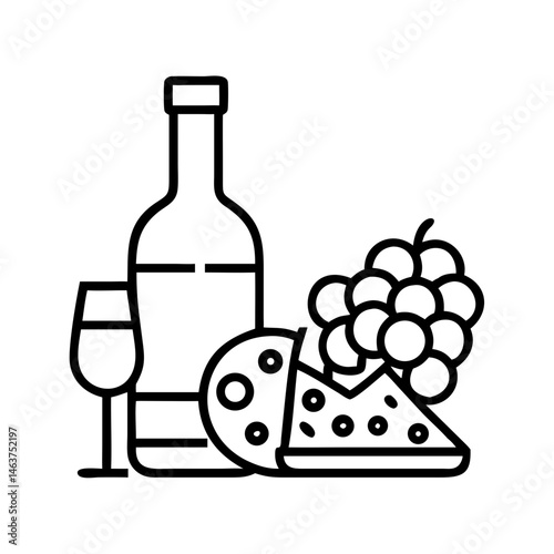 Wine Bottle, Cheese, and Grapes Icon Representing Wine Culture and Gourmet Pairing