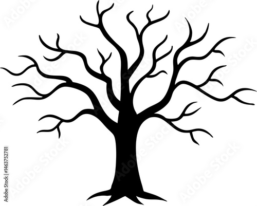 
Leafless Bare Tree Silhouette with Twisted Curved Branches, Black Creepy old dead Naked trees without leaves spooky Forest Silhouette design for Halloween and Winter event Nature theme decoration
