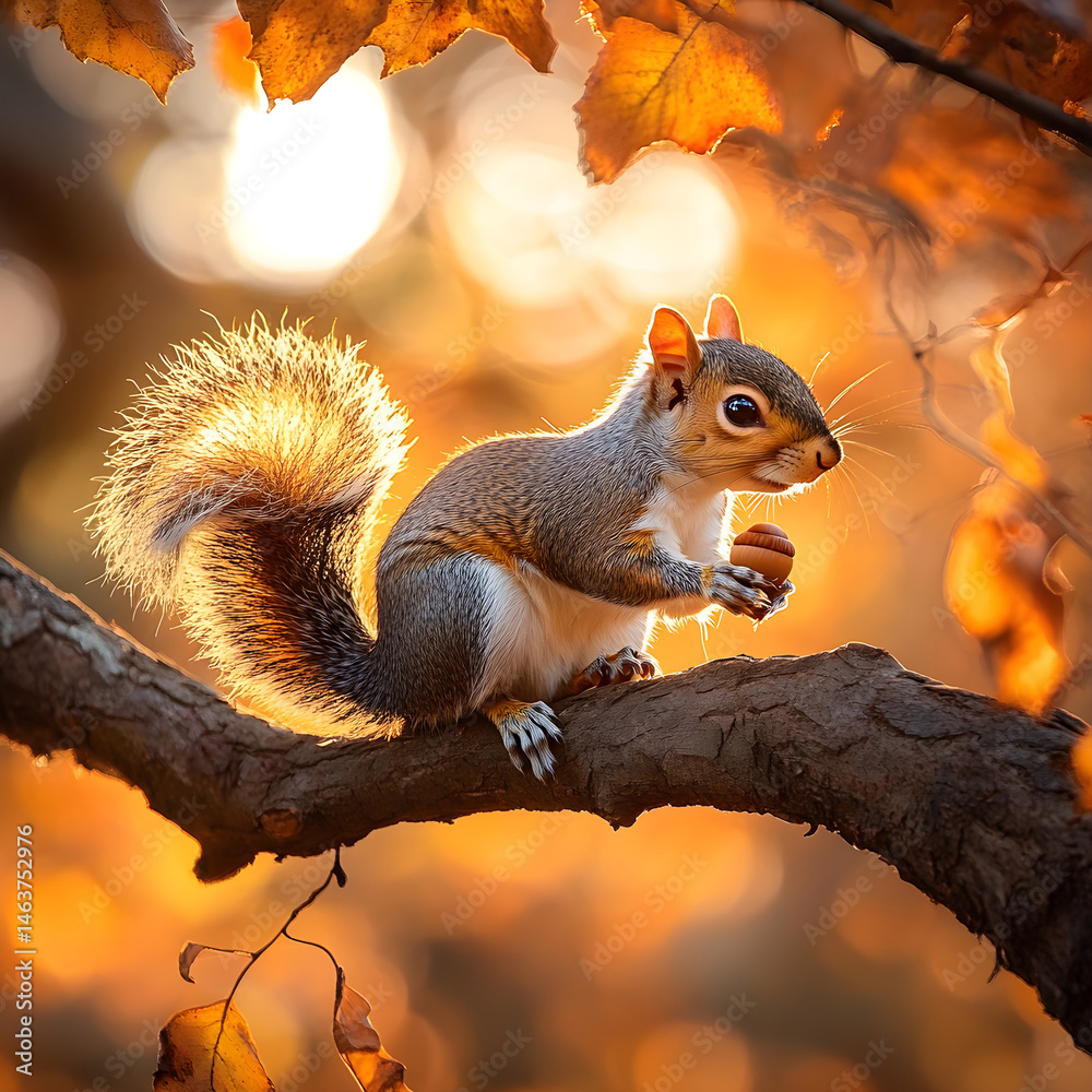 A Curious Squirrel with an Acorn in a Sunlit Autumn Canopy