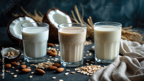 Healthy plant-based beverage with oat, coconut, and almond milk in a glass