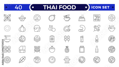 Thai food outline icon set. Included the icons as dumplings, skewer, sausage, grilled chicken wings, asian style, fruit bowl, pad thai and more.