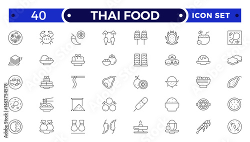 Thai food outline icon set. Included the icons as dumplings, skewer, sausage, grilled chicken wings, asian style, fruit bowl, pad thai and more.