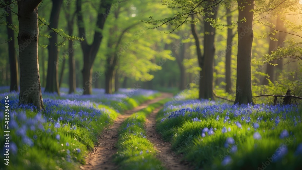 Obraz premium Exploring the Woodland Pathway Amid Bluebells and Wildflowers in England