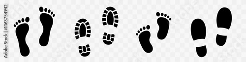 Different human footprints. Imprint soles shoes silhouette. Baby children footprint, Shoes for children and adults, adults and children's steps. Flat style collection.