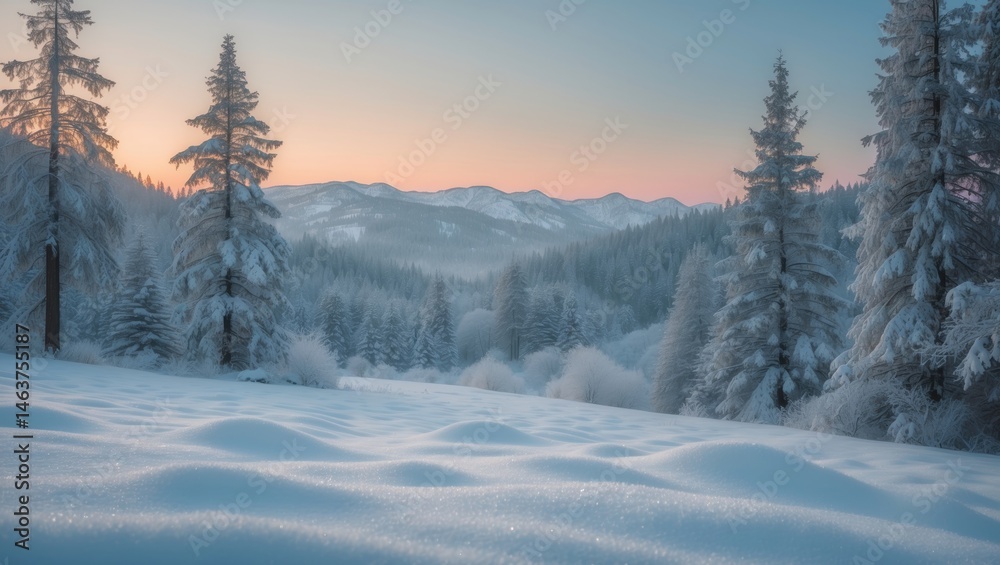 Obraz premium Winter landscape of mountain woods with snow