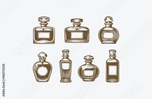 Perfume bottle engraving style logo design illustration set