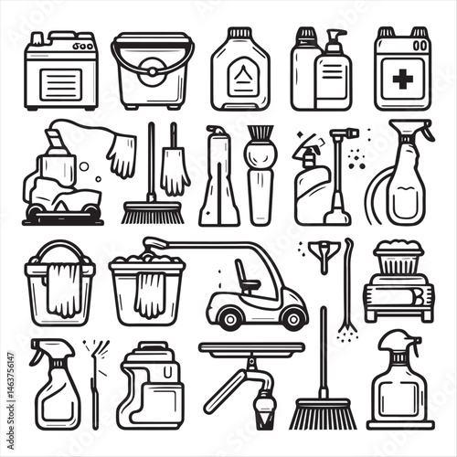 Editable set of vector clip art elements of cleaning supplies and equipment