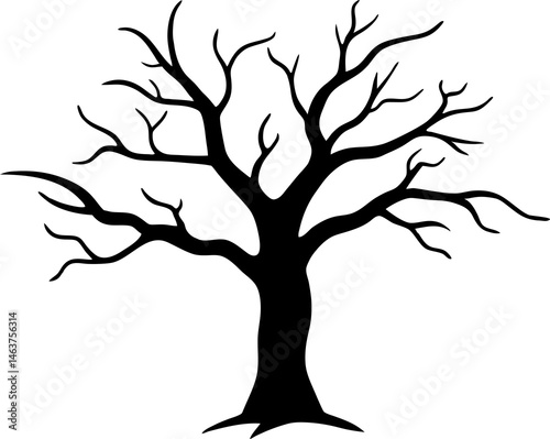 
Leafless Bare Tree Silhouette with Twisted Curved Branches, Black Creepy old dead Naked trees without leaves spooky Forest Silhouette design for Halloween and Winter event Nature theme decoration
