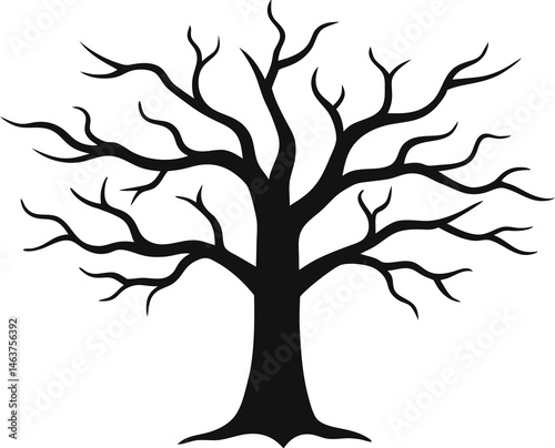 
Leafless Bare Tree Silhouette with Twisted Curved Branches, Black Creepy old dead Naked trees without leaves spooky Forest Silhouette design for Halloween and Winter event Nature theme decoration
