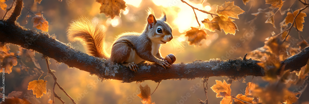 A Curious Squirrel with an Acorn in a Sunlit Autumn Canopy