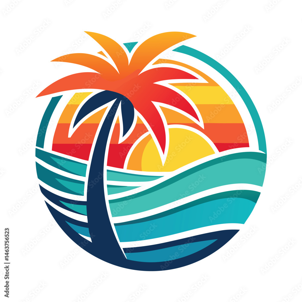 Fototapeta premium Tropical Beach Sunset Palm Tree Ocean Wave Circle Logo Design