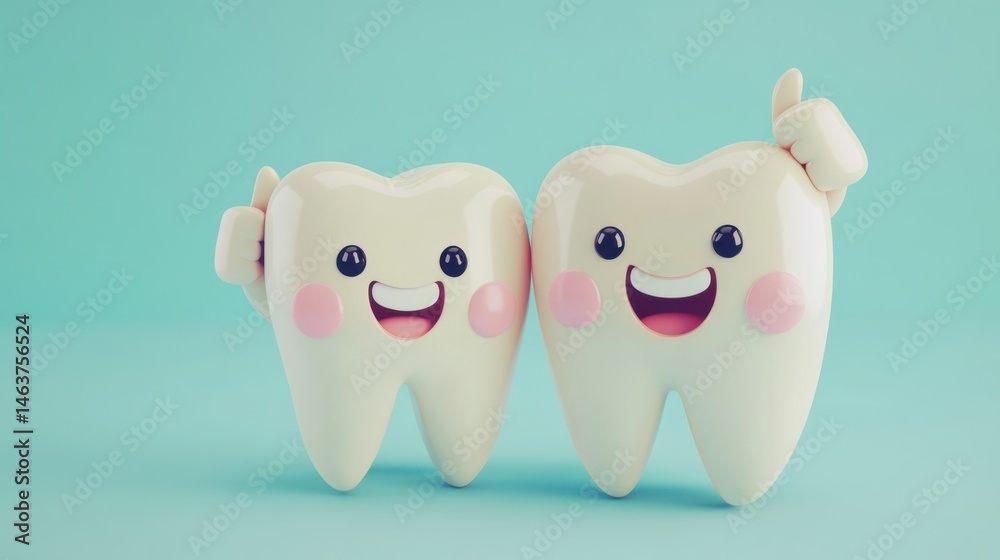 Fototapeta premium Cute cartoon teeth duo smiling on teal background
