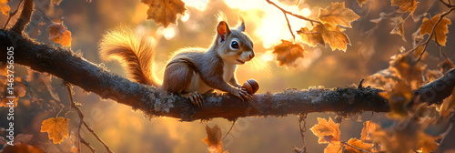 Obraz na płótnie A Curious Squirrel with an Acorn in a Sunlit Autumn Canopy w salonie