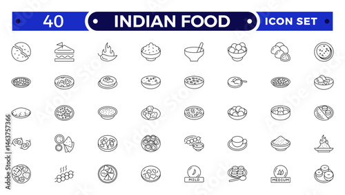 Indian Food Doddle icon Set, Line art for delicacy clip-art, Sweet and Salty Dishes icon set.