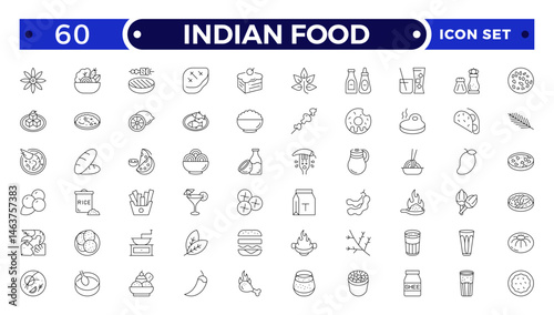 Indian Food Doddle icon Set, Line art for delicacy clip-art, Sweet and Salty Dishes icon set.