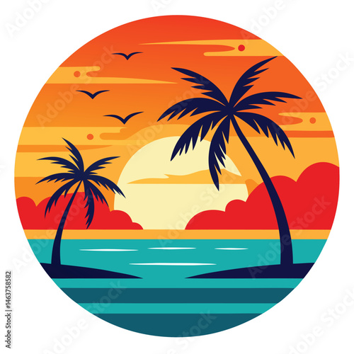 Tropical paradise beach with palm trees, sun, sea, and sand for a perfect summer vacation