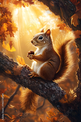 Obraz na płótnie A Curious Squirrel with an Acorn in a Sunlit Autumn Canopy w salonie