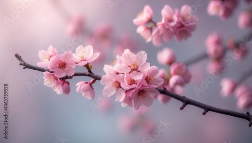 Macro image of sakura flowers blooming on a branch with pink petals