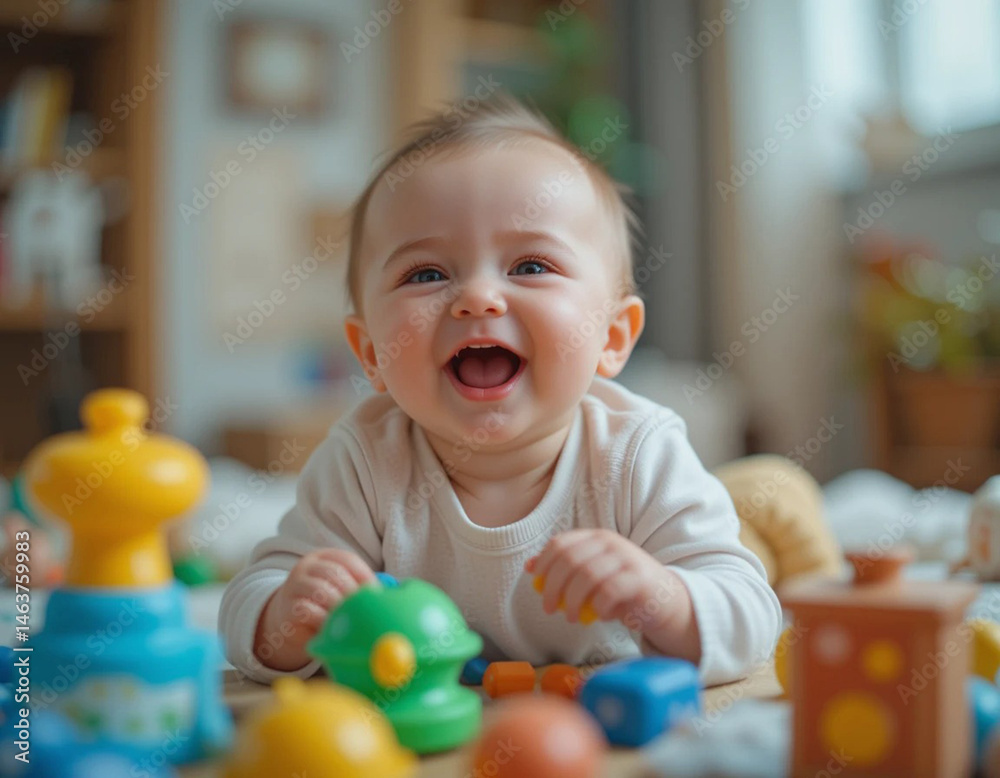 A baby laughing while playing with toys A baby laughing while playing with toys