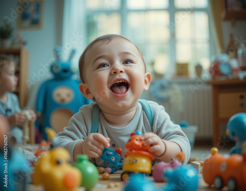 A baby laughing while playing with toys