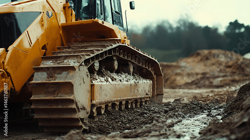 Yellow Bulldozer Operating in Mud