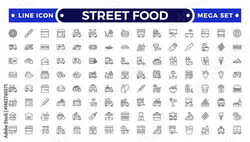 Fast food related line icon set. Street food linear icons. Burger, hotdog and sandwich outline icon.