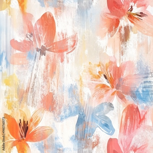 Abstract floral pattern with soft, painterly blooms in a variety of pastel colors on a light background