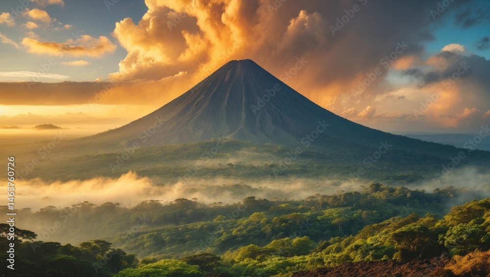 Fototapeta premium Wide-angle view of a volcano under the sun