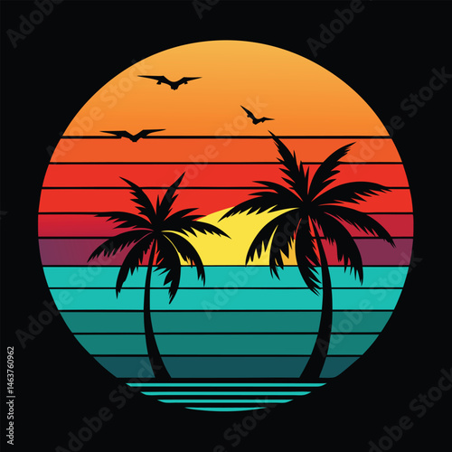 Tropical summer sunset over the ocean with palm tree silhouettes on the beach