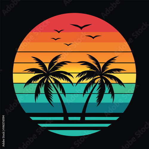 Tropical summer sunset over the ocean with palm tree silhouettes on the beach