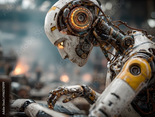 A highly detailed futuristic robot diligently works on a complex task in an industrial setting using advanced technology.