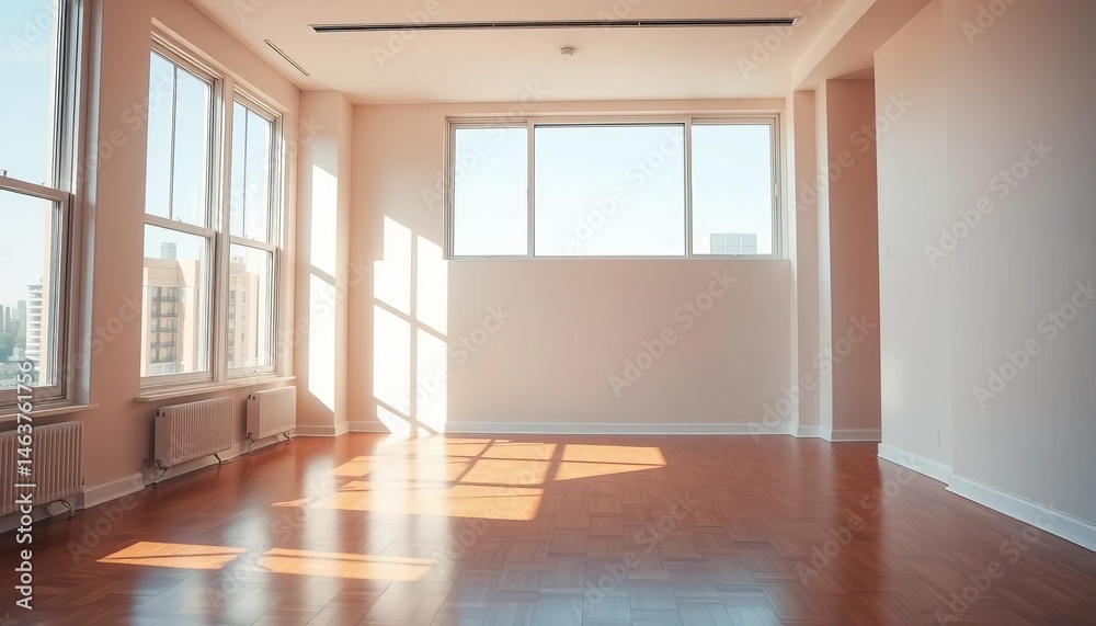 Fototapeta premium Sunlit empty apartment, hardwood floors, tall windows, empty room, simple