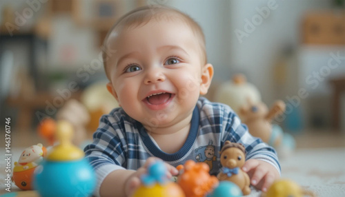 A baby laughing while playing with toys