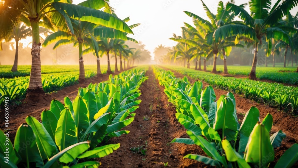 Morning scene of banana farming featuring banana plants and scenic agricultural backdrop Morning scene of banana farming featuring banana plants and scenic agricultural backdrop