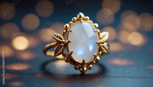 Horizontal image of a shiny gold ring with crystalline white gemstone for engagement photo
