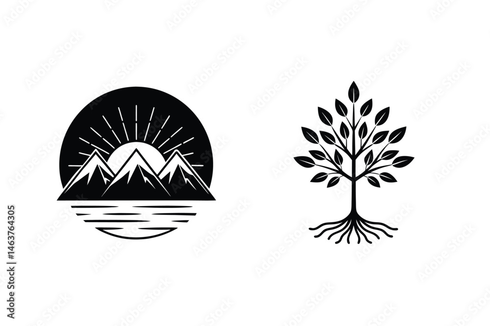 Fototapeta premium Black and white nature illustrations featuring mountain sunrise and tree with roots