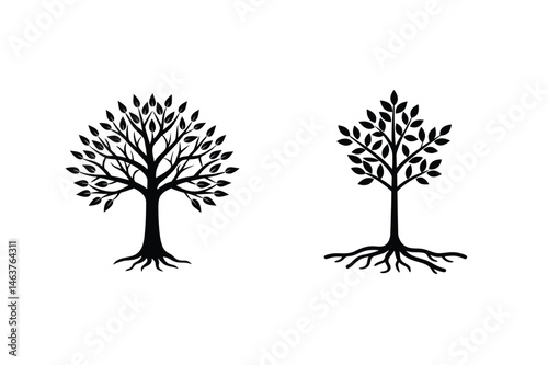 Elegant black tree silhouettes with leaves and roots on a clean white background