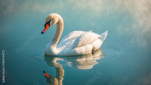 Elegant mute swan gliding through clear waters in a peaceful winter landscape