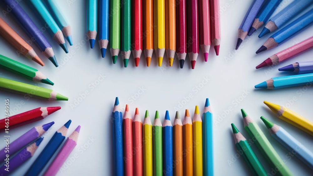 Fototapeta premium Brightly colored pencils and crayons in a loose arrangement on background